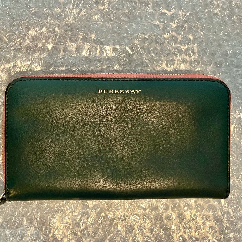 Burberry Dark Green Leather Zip-around Wallet with Pink interior
